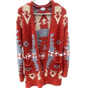 Western Boho Aztec Cardigan Sweater Longline Duster Rust Gray Beige Women’s L